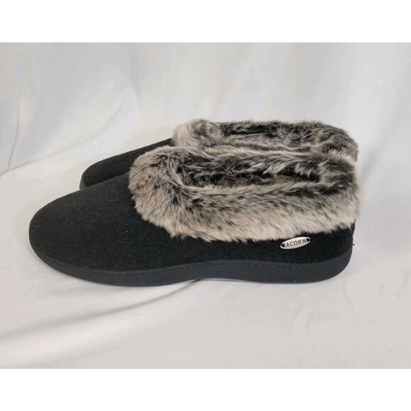Acorn Chinchilla Collar Black Wool Gray Faux Fur Collar Lining Slippers 9.5/10.5 - Picture 5 of 9